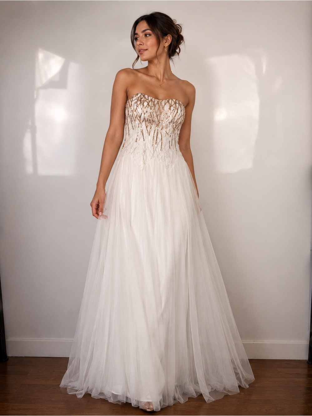 Gold Geometric Sequin Strapless‎ Tulle Bridal Prom Formal Dress Sz XL
